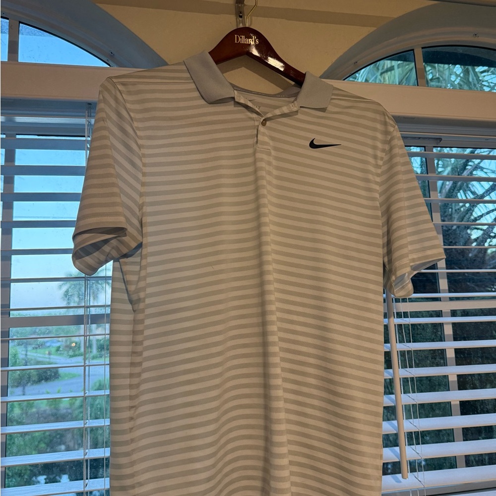 Nike Golf Dri-Fit Striped Polo Shirt Men's L White Gray Short Sleeve